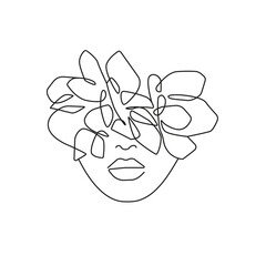Woman Head with Abstract Flowers Line Art Vector Drawing. Style Template with Female Face with Flowers. Modern Minimalist Simple Linear Style. Beauty Fashion Design 