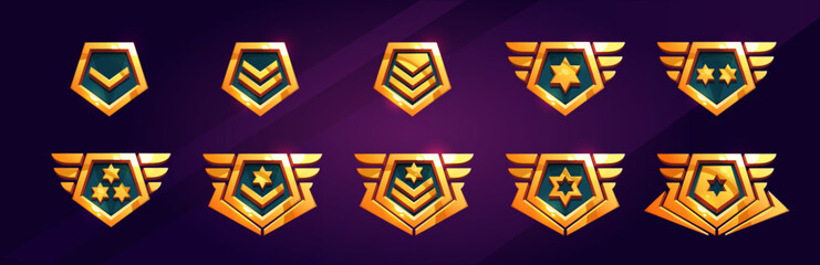 Cartoon set of game rank badge isolated on background. Vector illustration of shiny golden pentagonal medals decorated with stars and wings. Symbol of achievement, award for victory, trophy emblem - obrazy, fototapety, plakaty