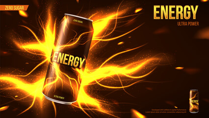 Energy drink ads background. Vector illustration with energy drink can, bright abstract energy lightnings. Realistic 3d illustration.