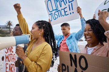 Protest, climate change and megaphone with black woman at the beach for environment, earth day and...