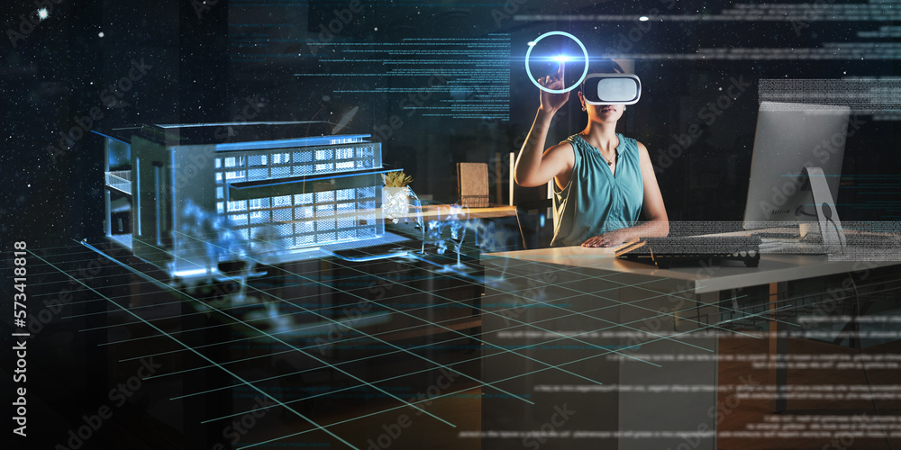 Poster engineering, architecture overlay or woman in virtual reality or vr for a 3d house model in office a