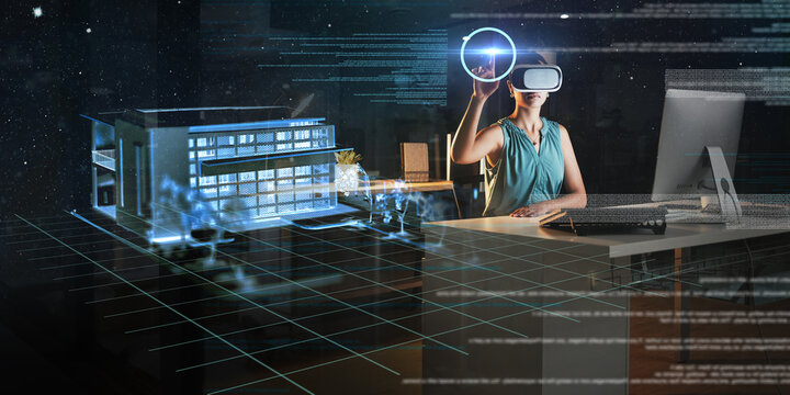 Engineering, architecture overlay or woman in virtual reality or vr for a 3d house model in office at night. Home, metaverse technology or designer designing a futuristic digital online innovation