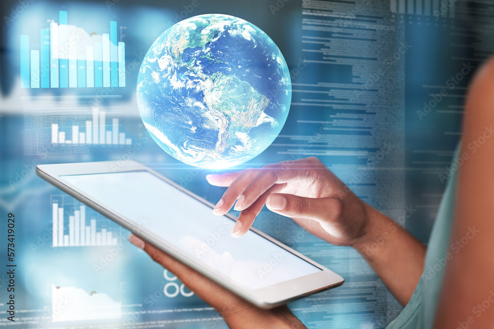 Poster Tablet, hands and globe hologram with future technology and analytics, graph and digital overlay with woman. Global network, innovation and 3D with programmer and screen mockup, coding and big data