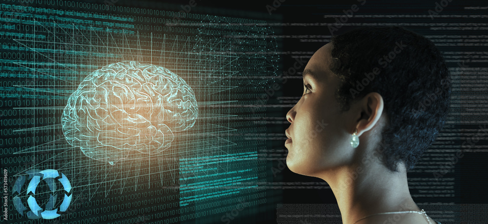 Aufkleber screen, code and ai, brain hologram and black woman, programming with future technology. robot, know