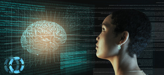 Screen, code and ai, brain hologram and black woman, programming with future technology. Robot, knowledge and data analysis, IT and software with human mind, neurology and 3D with robotics innovation - Powered by Adobe