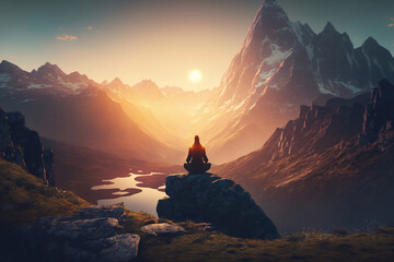 Serenity in the Mountains: Practicing Yoga and Meditation at Sunset, generative ai