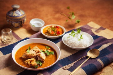 a bowl of chicken curry, chicken thighs in the royalty bowl , bokeh background, happy Iedul Fitri banner, on a clean table with a beautiful tablecloth, highly, made by AI, artificial intelligence