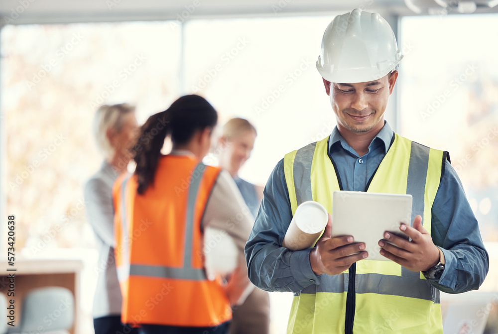 Poster man, tablet and office for architecture analysis, construction teamwork and buildings. architect tea