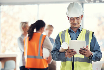 Man, tablet and office for architecture analysis, construction teamwork and buildings. Architect...