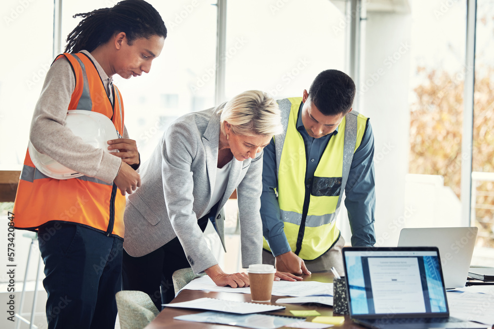 Poster engineering, meeting and blueprint with people in office for construction, designer or building. col