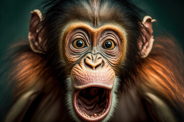 Fototapeta premium Chimpanzee expresses emotions Funny monkey with an open mouth. Comedy Wildlife background. Generative AI