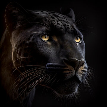 Stunning image captures the black coguar in intricate detail, set against a clean black backdrop. Ideal for nature, and animal-themed projects. Created with generative AI