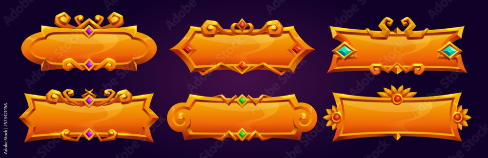 Poster golden medieval game asset button isolated. cartoon vector badge ui fantasy design. metal rectangle 