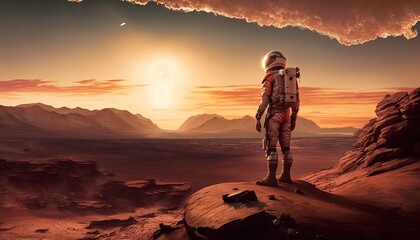 An astronaut standing on the surface of Mars generative ai © slebor