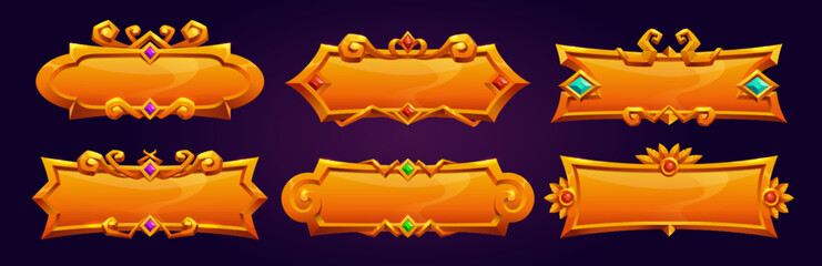 Golden medieval game asset button isolated. Cartoon vector badge ui fantasy design. Metal rectangle title bar, border set with gem png. Vintage royal label for rank in app. Blank horizontal text panel