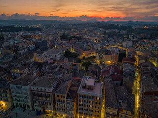 Aerial panoramic view of corfu town by night, Greece