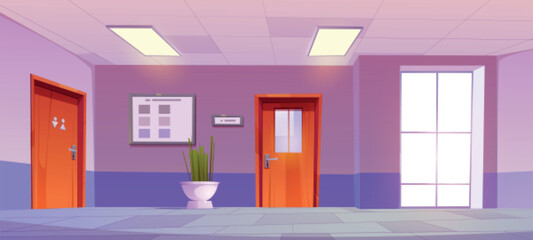 School hallway interior design with wc door vector background. Empty clinic or hospital hall inside building with closed toilet entrance. Modern medical office lobby indoor scene with big window.