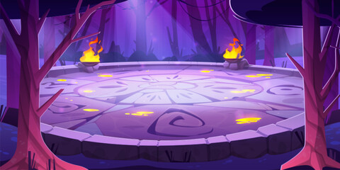 Obraz premium Stone battle arena with runes at night in magic dark forest cartoon background. Vector illustration with fantasy aztec universe with druid temple. Maya altar podium portal for arcade game.