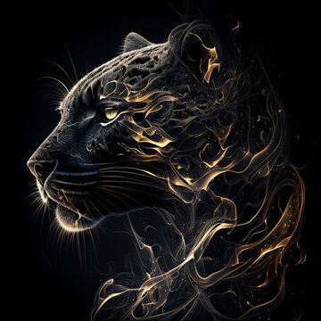 Stunning image captures the black coguar in intricate detail, set against a clean black backdrop. Beautiful abstract and intricate electric lightning and sparks. Created with generative AI