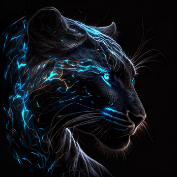 Stunning image captures the black coguar in intricate detail, set against a clean black backdrop. Beautiful abstract and intricate electric lightning and sparks. Created with generative AI