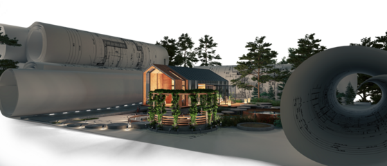 Bauplanung eines energieeffizienten Einfamilienhauses in moderner Scheunenarchitektur mit Garten, Terrasse und Garage - 3D Visualisierung