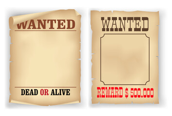 set of realistic old wanted vintage poster isolated.
