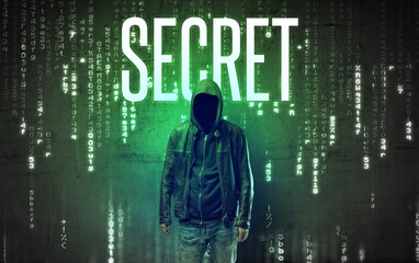 Faceless hacker with inscription concept