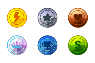 Set of game metal icons-energy, star, heart, dollar, crown and award cup