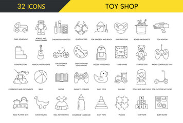 Set of kids toys line icons in vector, cars and equipment, robot and transformer, children cosmetic and quadcopter, for sandbox and beach, for outdoor activities, constructor and toy weapon