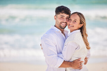 Obraz premium Portrait, love or couple hug at beach on holiday vacation or romantic honeymoon to celebrate marriage commitment. Travel, trust or woman bonding or hugging a happy partner in fun summer romance
