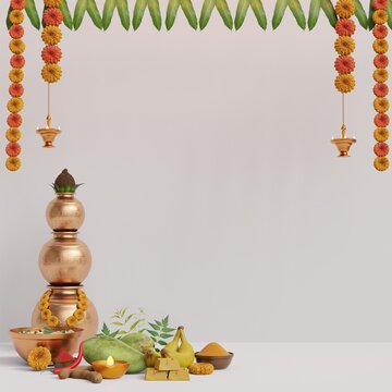 3d render ugadi, Kalash and traditional food, new year festival for Andhra Pradesh, Telangana, and Karnataka(Gudi Padwa, Yugadi) in white Background