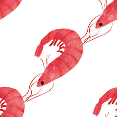 Seamless watercolor pattern with hand-drawn shrimps.
