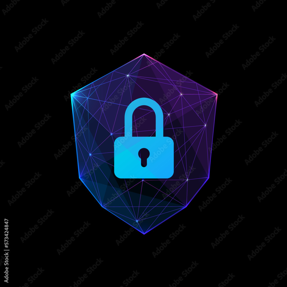 Poster padlock sign on shield. cyber security concept. futuristic 3d vector. low poly wireframe. blue purpl