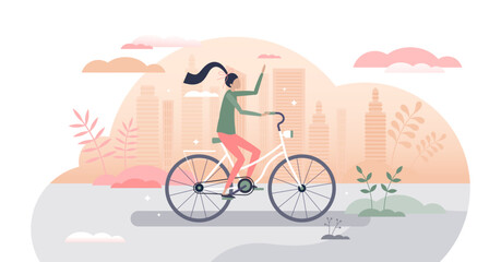 Girl riding bike as urban cycling transportation scene tiny person concept, transparent background. Female on bicycle as healthy outdoors activity with street ride illustration. © VectorMine