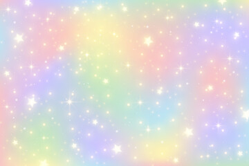 Rainbow unicorn background. Girlie princess sky with stars and sparkles. Gradient holographic fantasy backdrop. Vector abstract iridescent texture.