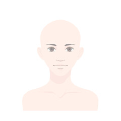 正面を向いて目を開き微笑するスキンヘッド、シェイブドヘッドの若い女性