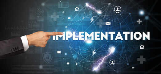 Hand pointing at inscription concept