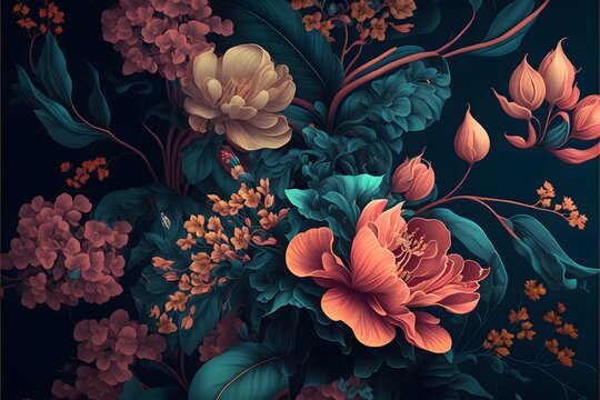 Dark floral background wallpaper design with multicolor flowers and leaves