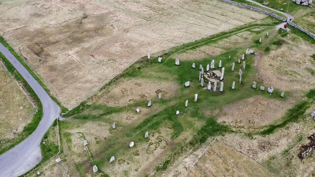 Static drone shot of the Callanish Standing Stones. Filmed on the Isle of Lewis, part of the Outer Hebrides of Scotland.
