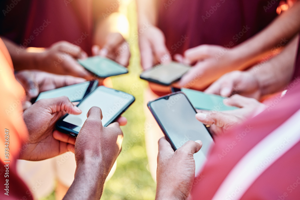 Poster Hands, phone and networking on mockup for sports collaboration, social media or team communication. Group of football players on smartphone for 5G connection, share or mobile app sync in circle