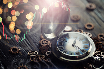 Old clock macro. Old mechanical clock gears and cogwheels on wooden background