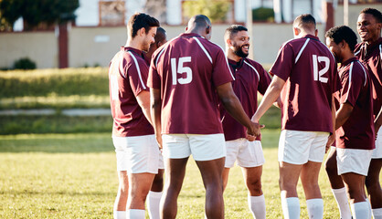 Man, team and holding hands on grass field for sports motivation, coordination or collaboration outdoors. Group of sport players in huddle for fitness training, goal or strategy together for game