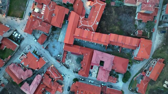 Top down aerial footage over the Greek village of Agios Athanasios on Kaimaktsalan mountain