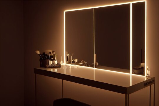 Make-up Table With Mirror And Lights. Generative AI