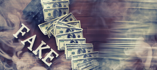 The concept of modern information technology. Fake and facts in the news. The letters spelled the word fake.