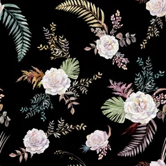 Meubelstickers Watercolor vintage seamless pattern with flowers of white roses and tropical palm leaves for summer textiles © Марина Воюш