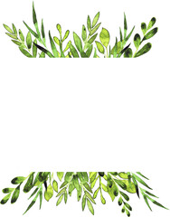 Botanical border of green leaves for greeting card or invitation design. Hand-painted frame of leaves, twigs, greenery