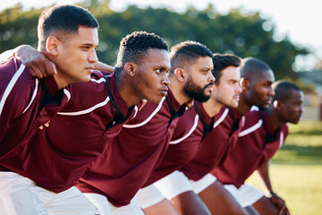 Man, huddle and team scrum for sports coordination, collaboration or serious on the grass field. Group of sport men in fitness training, planning or strategy getting ready for game, match or start