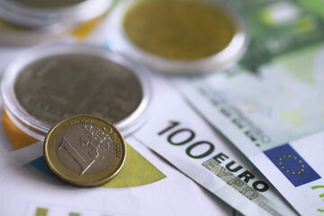 European monetary union, coins and banknotes. One euro to one hundred euros. European Stability Mechanism