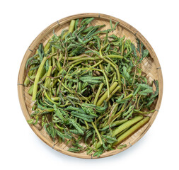 Water Mimosa floating plant for ingredient food on Bamboo basket on White background,Water Mimosa Vegetable Isolate on white with clipping path.